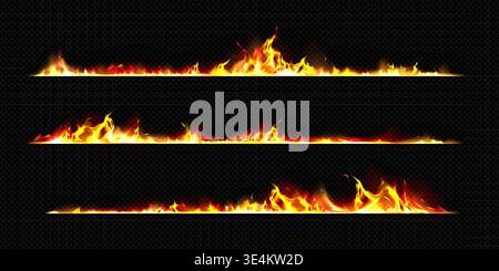 Burning edge set with fire and smoke isolated on transparent background. Vector realistic illustration of burnt border lines with hot orange flames, smoldering paper sheet, fireplace design element Stock Vector