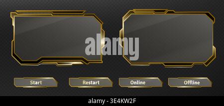 Futuristic ui HUD frames and tech buttons set isolated on transparent background. Vector realistic illustration of golden chrome web stream interface, design elements, metal borders for cyberpunk menu Stock Vector