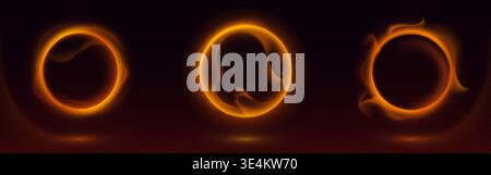 Abstract fire rings glowing on black background with smoke or haze. Vector realistic illustration of round frames with burning flame effect, hot circles shimmering in darkness, magic portal Stock Vector