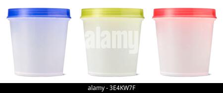 set of empty translucent plastic containers isolated white background, closed round plastic jars with blue yellow red lids, side view for product pack Stock Photo