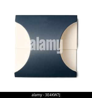 dark blue curved cardboard display stand isolated white background, top view of textured material with matte finish for retail price tag or label, sym Stock Photo