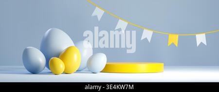 Easter banner with color eggs and round podium on blue background. Vector realistic illustration of holiday sale poster or spring greeting card design with festive flags, eggs and yellow platform Stock Vector