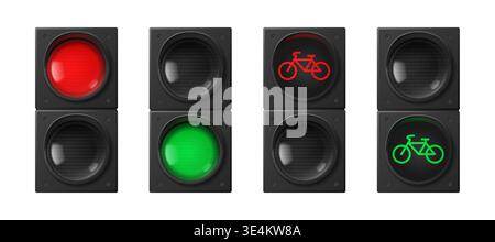 Urban traffic lights set isolated on white background. Vector realistic illustration of red stop and green go signals for pedestrians, transport and bicycle, semaphore lights, street warning stoplight Stock Vector