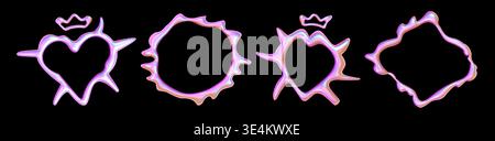 Abstract y2k chrome frames set isolated on black background. Vector realistic illustration of holographic heart and round shape borders, unicorn pink metallic design element, iridescent glossy surface Stock Vector