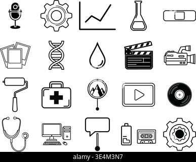Black and white outline icon set for media science medical and technology. Stock Vector
