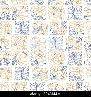Geometric Floral Seamless Pattern Featuring Hand-Drawn Botanical Outlines In Tile Grid Layout. Contemporary Organic Flowers Inspired of Matisse on Stock Vector