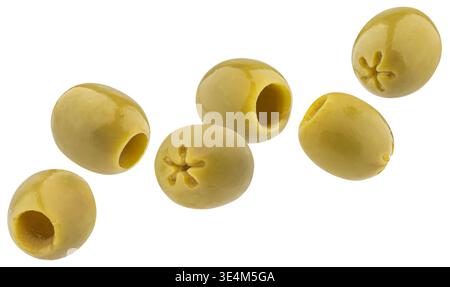 Green pitted olives isolated on white background with clipping path, full depth of field Stock Photo