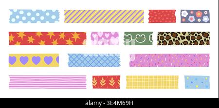 Cute washi tape collection with adorable pattern, floral design, and pastel hearts, animal jaguar print and frogs. Vector border elements for scrapbooking, sticky ribbons or craft diary decoration Stock Vector