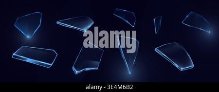Realistic set of broken glass pieces isolated on black background. Vector illustration of transparent plastic shards, shattered ice crystals of different abstract shape, destroyed window fragments Stock Vector