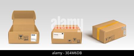 Cardboard parcel box mockups set isolated on background. Vector realistic illustration of brown craft carton delivery package top view, open and closed, with shipping signs and mail address sticker Stock Vector