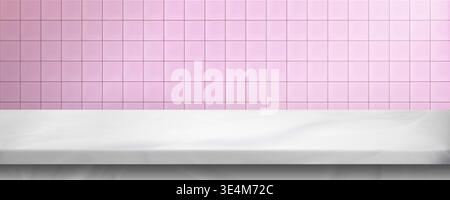 White bathroom shelf display with ceramic tile wall, realistic vector background. Modern 3D podium platform for product presentation, pink kitchen stone minimalist interior scene with clean surface Stock Vector