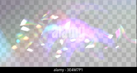 Radiant light flare with rainbow prism effects and crystal reflections on transparent background. Vector realistic brilliant sunlight beams, holographic glass textures with sparkling light overlay. Stock Vector