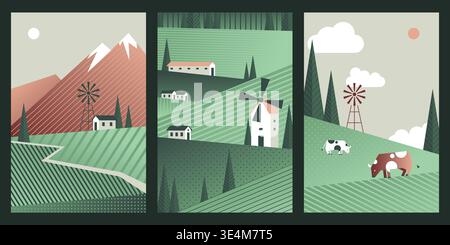 Spring landscape with green fields, rolling hills and cows, abstract cards. Seasonal countryside scene with farm animals. geometric posters with mountains, windmill building Stock Vector