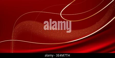 Abstract premium red background with gold ribbon waves, realistic vector. Flowing golden line curves with metallic shine effect. Scarlet elegant backdrop, award banner or invitatio design Stock Vector