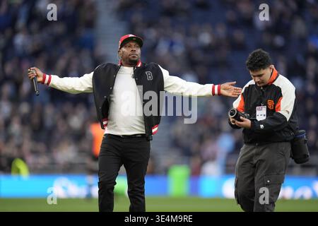 Dizzee Rascal Football Dizzee Rascal performing ahead of the Gallagher PREM match at the ...