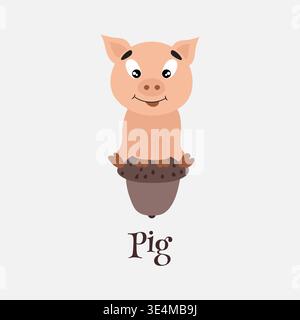 Cute pig sitting on acorn and smiling vector illustration Stock Vector