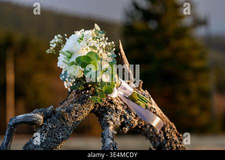 Wedding bouquet with white roses eucalyptus on rustic branch Stock Photo