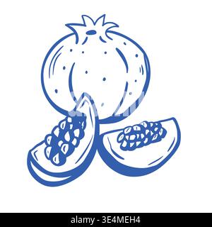 Illustration of a pomegranate fruit with two halved sections revealing seeds, depicted in a simple blue outline style on a white background Stock Vector