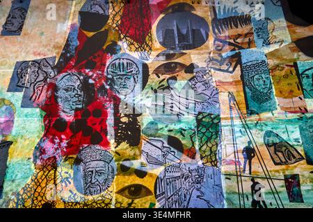 A vibrant mixed media collage artwork featuring layered transparent textures with multiple sketched portraits of faces in various artistic styles. Stock Photo