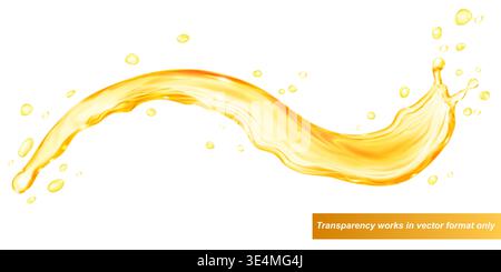 Golden translucent wave of liquid with varying shades, smooth curves, and scattered droplets on a white background.  Transparency only in vector forma Stock Vector