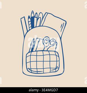 Hand drawn school backpack doodle with stationery supplies illustration Stock Vector