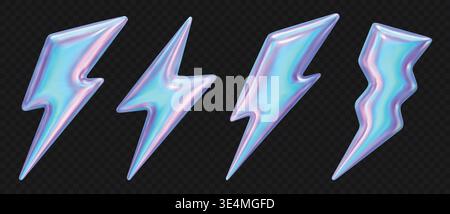 3d lightning fluid holographic icons. Thunderbolt y2k iridescent hologram. Speed flash glass neon symbol, realistic crystal electric blue power emoji. Glossy shiny metallic energy arrow vector set. Stock Vector
