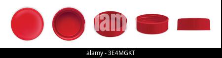 Plastic bottle cap for mineral water and soda. 3D realistic red screw lids top, side and front view. Vector isolated mockups set. Stock Vector