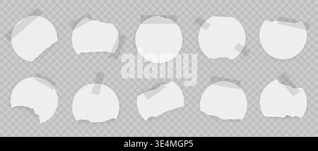 Torn round paper. 3D realistic white paper notes with adhesive tape. Sticky torn circles. Vector isolated set. Stock Vector