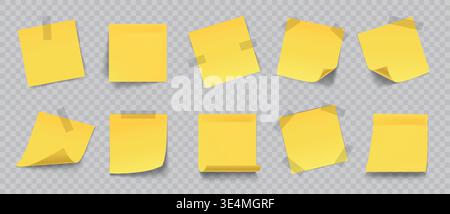 Yellow paper notes. 3D realistic sticky notes, blank memo papers for reminders, office messages organization. Vector isolated set. Stock Vector