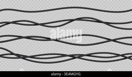 Realistic electric wires. 3d power cables. Flexible thick network cord. Black electric computer connection wires. Vector isolated set. Stock Vector