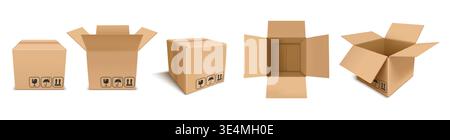 3d cardboard boxes. Realistic parcel front, side and top view, closed and open. Cargo delivery boxes. Vector isolated set. Stock Vector