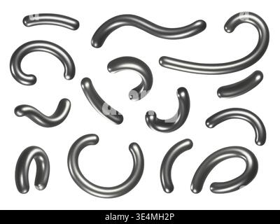 Glossy chrome curved lines set. Metallic abstract swashes, fluid 3d realistic tubular elements. Isolated metal strokes futuristic vector illustration. Stock Vector