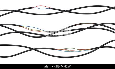 3d power cables. Realistic electric wires, broken and torn energy cables isolated vector set. Stock Vector