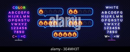 Neon fire rating bubbles glowing in bright orange colors. Hot level indicators inside chat style frames on dark background Stock Vector
