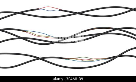 3d power cables. Realistic electric wires, broken and torn energy cables isolated vector set. Stock Vector