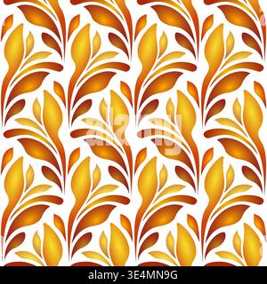 Orange leaves design seamless pattern on white background. Folk floral vector illustration. Ethnic paisley ornament. Bright sunny autumn background. F Stock Vector