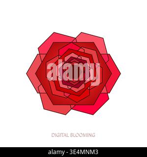 Rose digital symbol. Minimal geometric red flower logo with line ornament mandala - abstract outline vector design Stock Vector