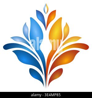 Blue orange leaves design element on white background. Stylized water and fire, hot and cold. Symbol of polarities. Ethnic paisley ornament. Fantasy g Stock Vector