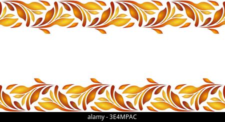 Orange leaves design seamless border on white background. Folk floral vector illustration. Ethnic paisley ornament. Bright sunny autumn design. Fantas Stock Vector