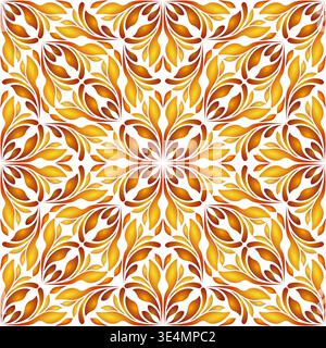 Autumn orange leaves seamless pattern on white background. Folk floral vector illustration. Ethnic paisley ornament. Kaleidoscope autumn design. Fanta Stock Vector