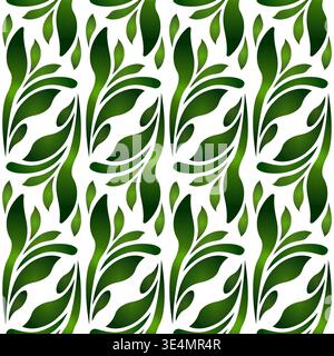 Green leaves triangle motives on white background. Folk floral seamless pattern. Ethnic paisley ornamental background. Stylized fresh greenery Stock Vector