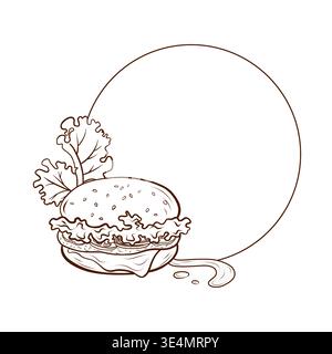 A round frame template with a fast-food theme, featuring a burger, lettuce leaves, sauce. Vector illustration for designing menu covers, promotional Stock Vector