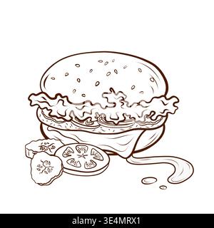 A burger with lettuce, tomato, and cucumber slices and sauce. Vector illustration for restaurant menus, street food posters, delivery app graphics Stock Vector
