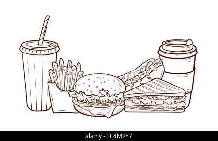 A set of fast-food items burgers, hot dogs, club sandwiches, french fries, beverage cups. A vector composition in an engraving style for café menus Stock Vector