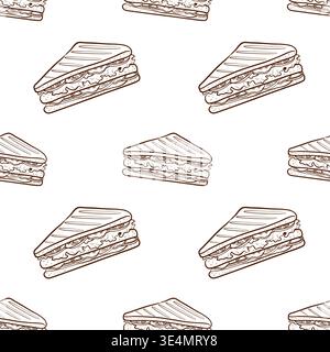 Seamless pattern featuring a club sandwich. Vector background in an engraving style for café packaging, diner menus, food wrappers, delivery service Stock Vector