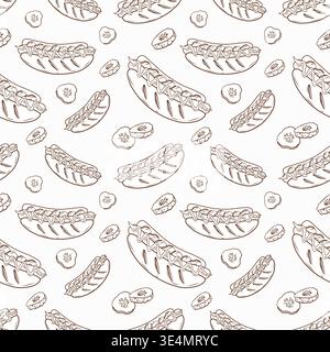 A seamless pattern featuring hot dogs and pickles. A vector illustration in an engraving style for packaging design in cafes, snack bar menus, food Stock Vector