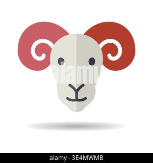 Minimalistic flat line art illustration of a ram or sheep head with large coiled horns. Ideal for mascot, farm, or zodiac designs. Stock Vector