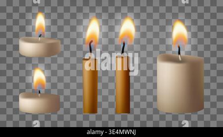 Candle gold flame set. Memorial, short tea light. Burning Bday or wedding fires, vector isolated illustration. 3d lit torch, transparent candlelight Stock Vector