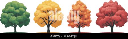 Four colorful trees with changing leaves in green, yellow, orange, and red on white background. Stock Vector