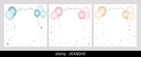 Set of air balloons in cute pastel blue, pink, beige colors on isolated background. Illustration with ballons, stars for happy birthday kid party Stock Vector
